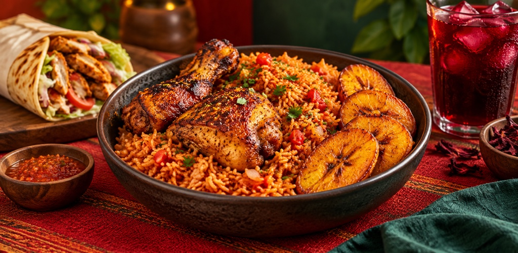 West African inspired meal with rice, chicken and plantain
