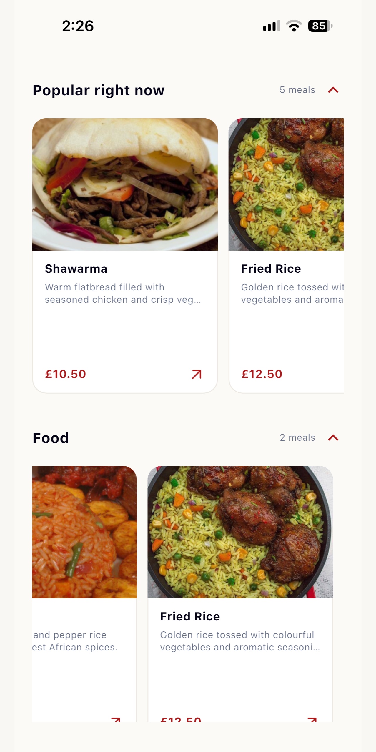 Cuisingo menu with popular meals